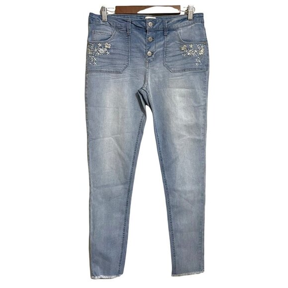 SO Juniors Women's Floral Embroidered Raw Hem Snap Button Fly Skinny Jeans Sz 16 - Picture 1 of 9